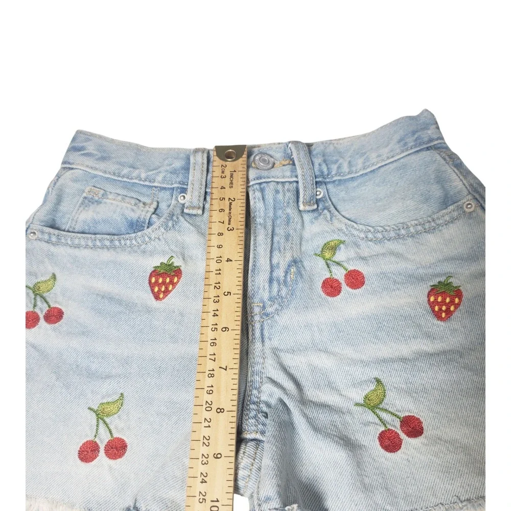 Old Navy Girls 10 High Rise Fruit Embroidered Denim Shorts Wash Cherry 2.5